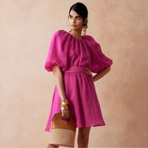 Pink open back puff sleeve linen dress